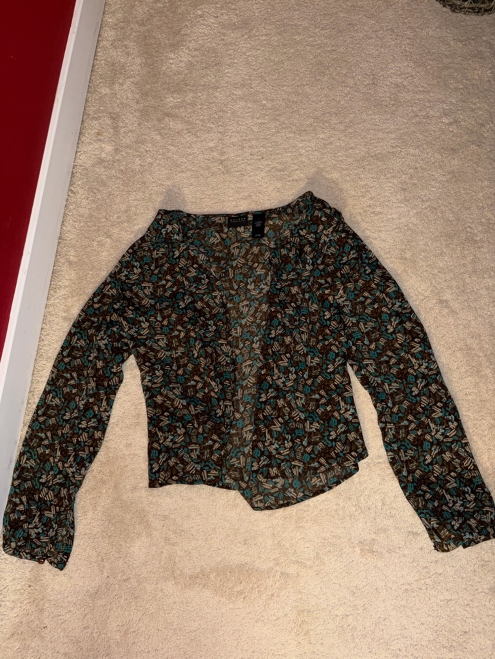 Claiborne Black Floral V-Neck Long Sleeve Blouse with Teal Accents